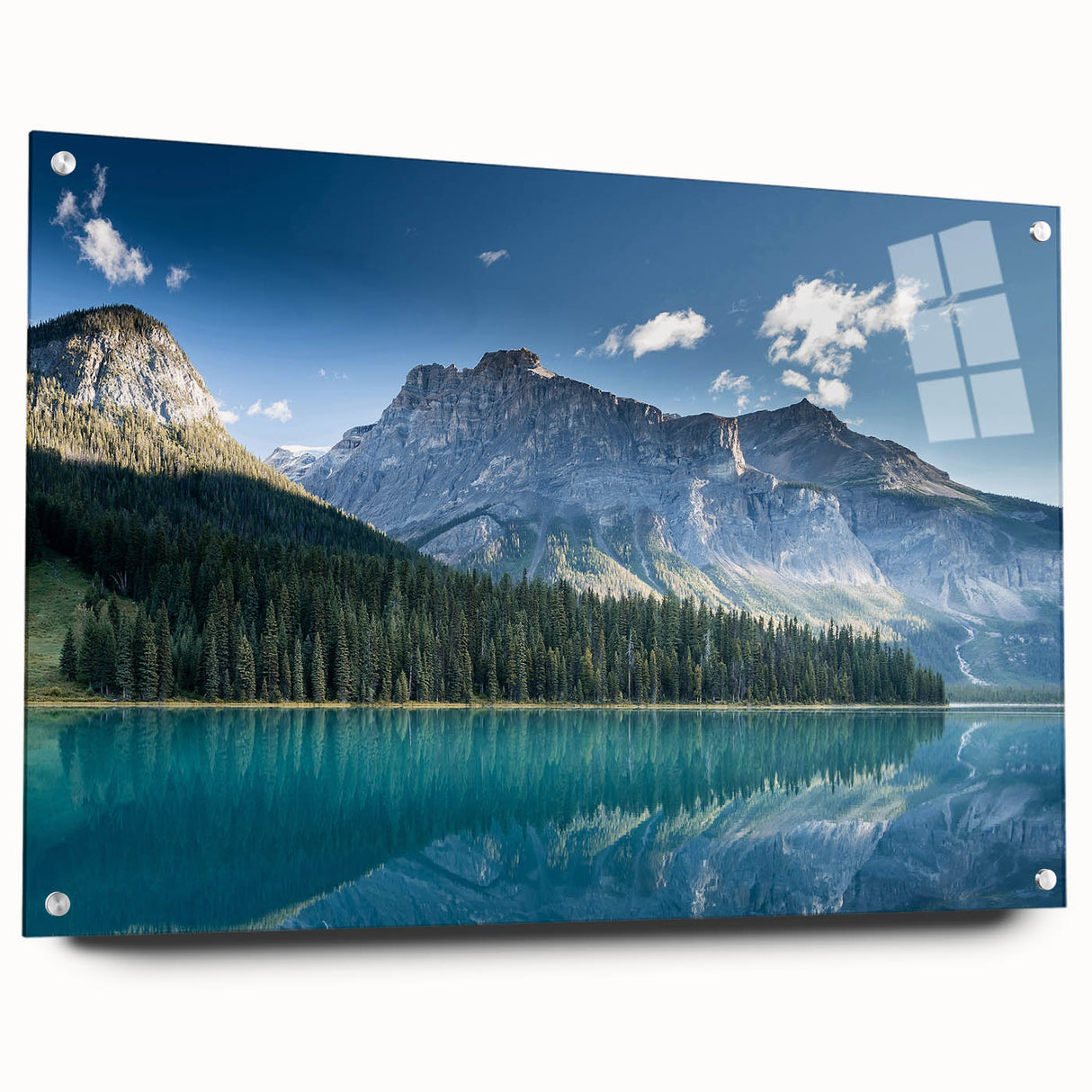 Acrylic print of a large abstract landscape in cool blue and green tones, suitable for bedroom or dining room decor.