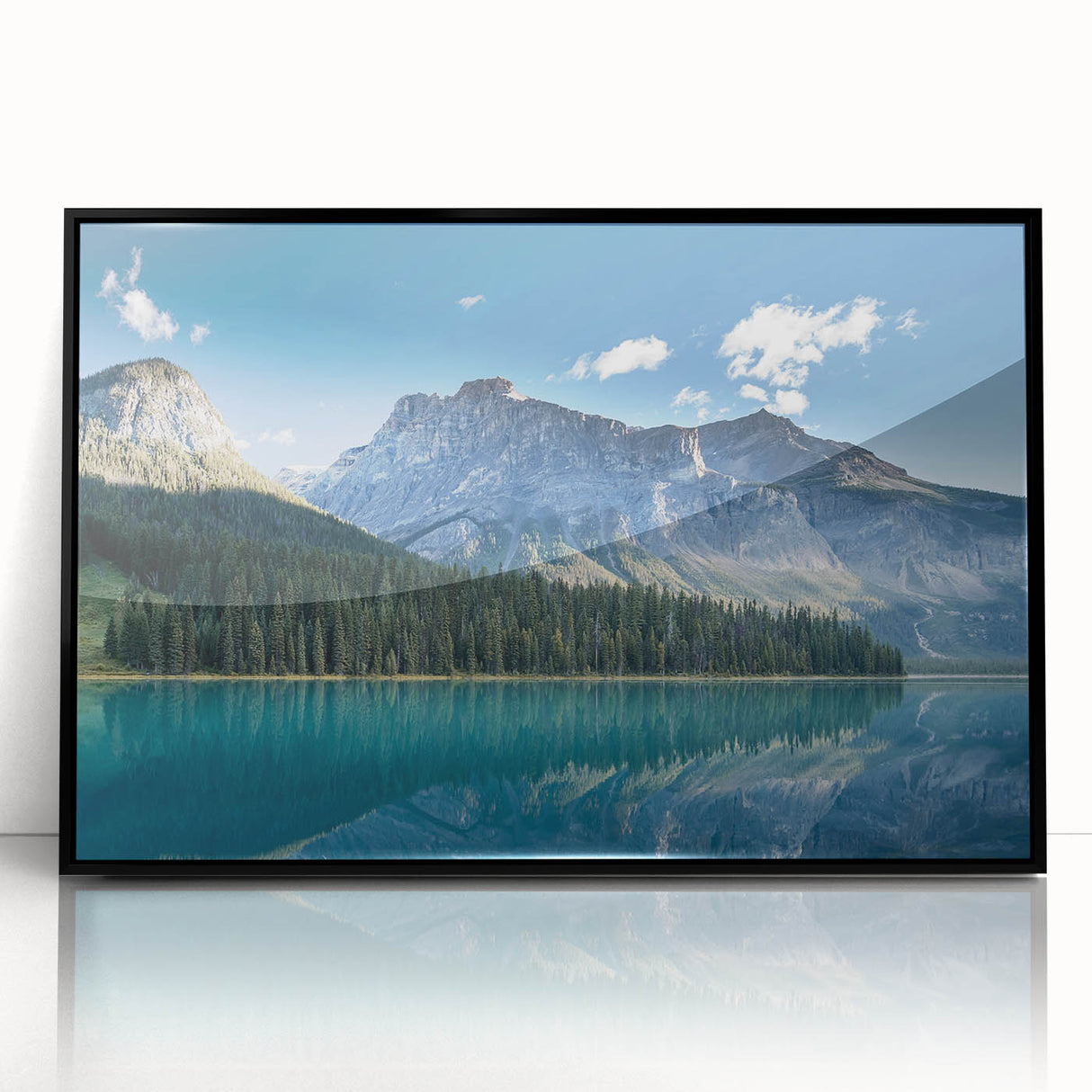 Large abstract wall art depicting a British Columbia scenery in acrylic, framed in black, suitable for modern decor.