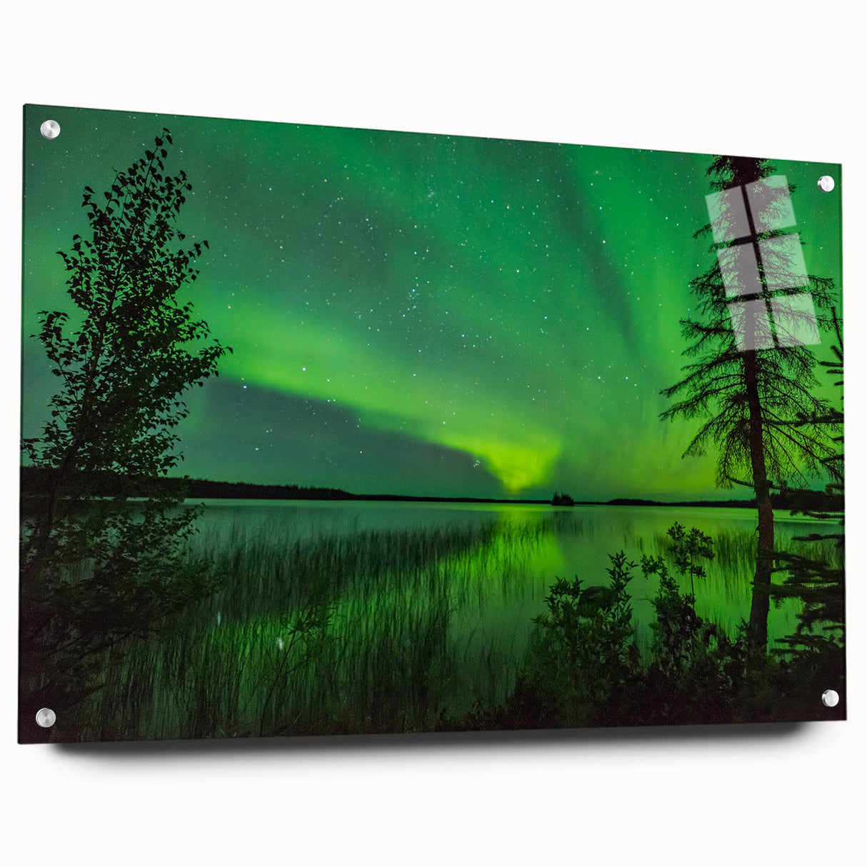 Abstract art print depicting colorful, textured scenery of Manitoba on extra large acrylic glass.