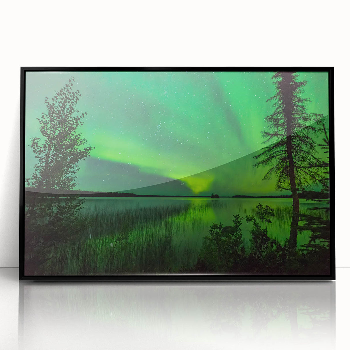 Large abstract wall art depicting a serene Manitoba scenery in muted earth tones, framed in black acrylic.