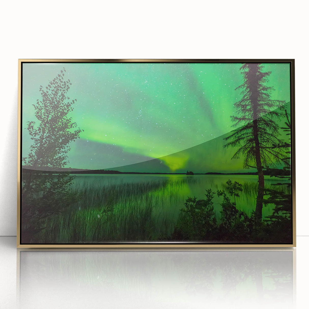 Large art print of a serene Manitoba, Canada scenery in gold-accented, framed acrylic; ideal for modern art wall decor.