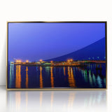 Large art print of New Brunswick scenery in mid-century modernist style, framed in acrylic with gold.