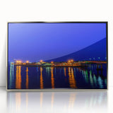 Mid-century modernist art depicting New Brunswick scenery in muted earth tones on a silver-framed acrylic print.