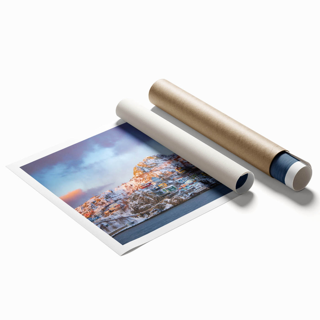 Extra large rolled print of Newfoundland scenery with vibrant floral elements, ideal for classy bathroom wall art.