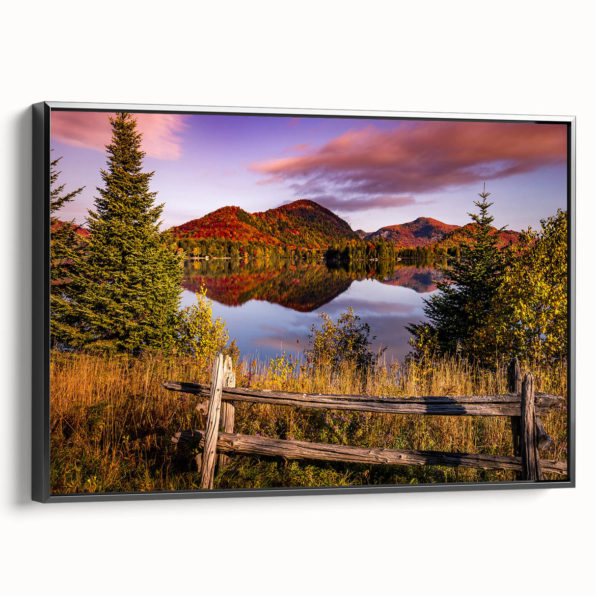 Black and white framed canvas depicting a vintage-style landscape of Quebec, ideal for bedroom wall art.