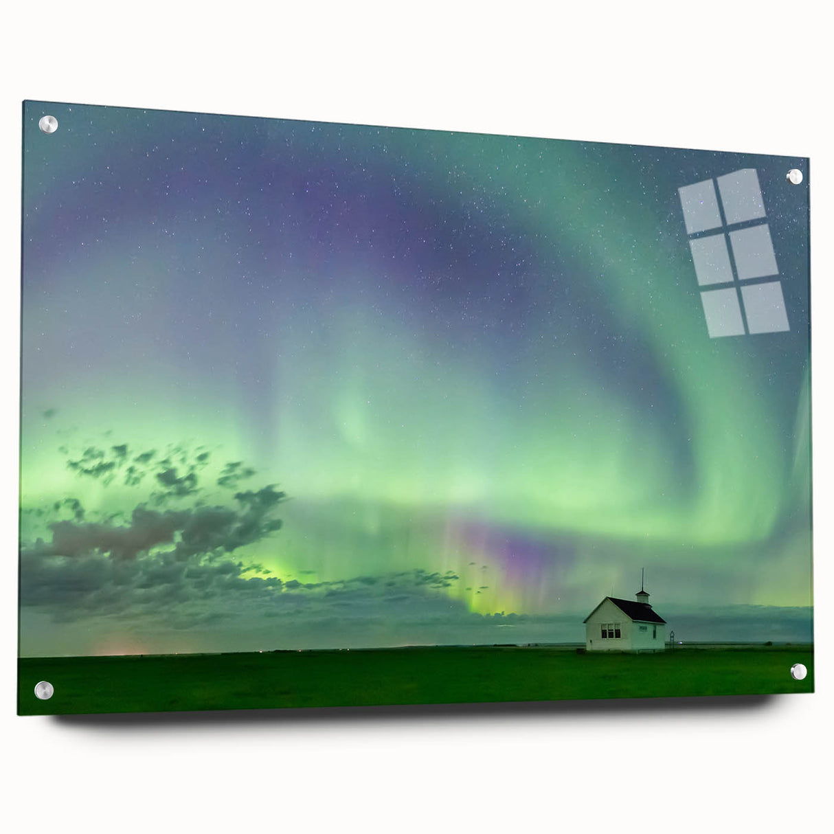 Acrylic glass print of a serene Saskatchewan landscape in muted earth tones, ideal for dining room decor.