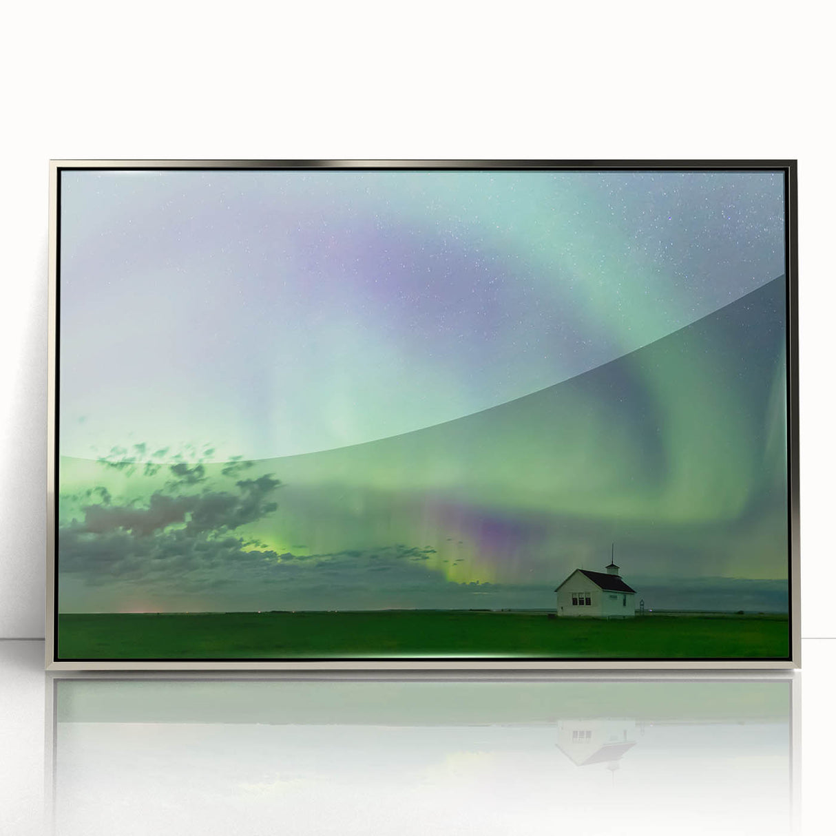Mid-century modernist art depicting Saskatchewan scenery in muted earth tones on a silver-framed acrylic print.