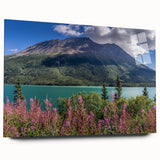 Large abstract wall art of Yukon scenery in muted earth tones on acrylic glass, suitable for bedroom or dining room decor.
