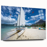 Large abstract wall art of a Caribbean scenery in vibrant blue and green hues, acrylic print.