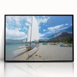 Large abstract wall art depicting Caribbean Antigua scenery in muted blue and green tones on framed acrylic.