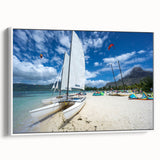 Landscape art painting of a Caribbean beach scene on framed canvas, with vibrant blue and white tones.