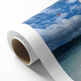 Art Deco poster of a tranquil Caribbean beach on rolled canvas, suitable for nursery wall art.