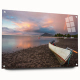 Large abstract wall art depicting a Caribbean scenery in vibrant blue and green tones on acrylic glass.