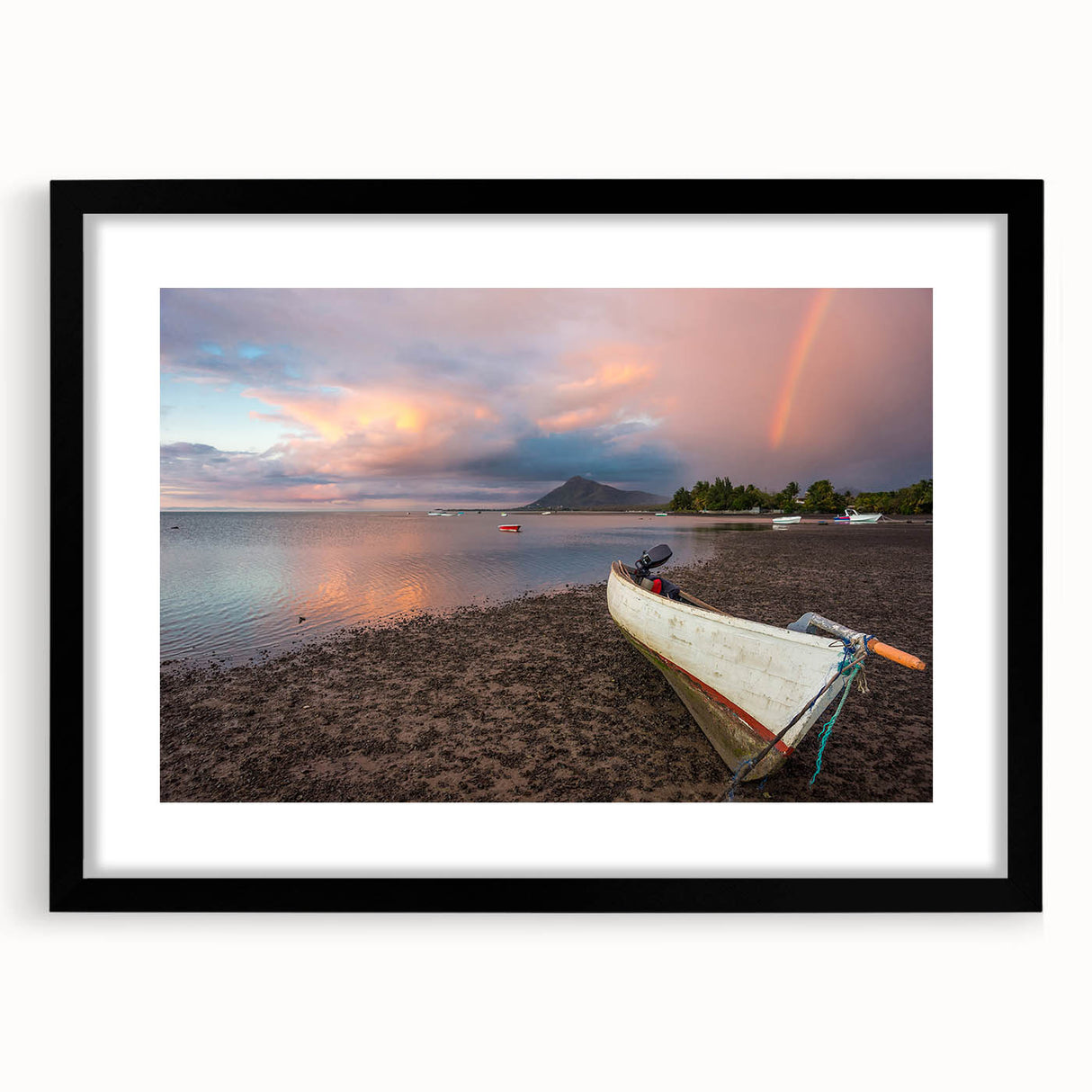 Extra large textured abstract art print of a colorful Caribbean scenery on a framed black mat, ideal for living room decor.