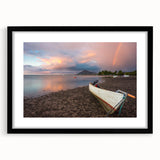 Extra large textured abstract art print of a colorful Caribbean scenery on a framed black mat, ideal for living room decor.
