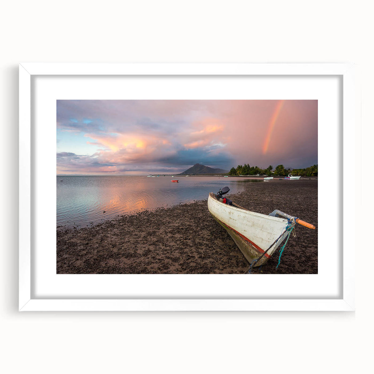 Textured abstract art print of a Caribbean scene in muted blue and green tones on a framed white mat.