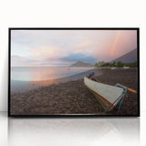 Large abstract wall art featuring a Caribbean seascape in vibrant blue and teal hues, framed in black acrylic.