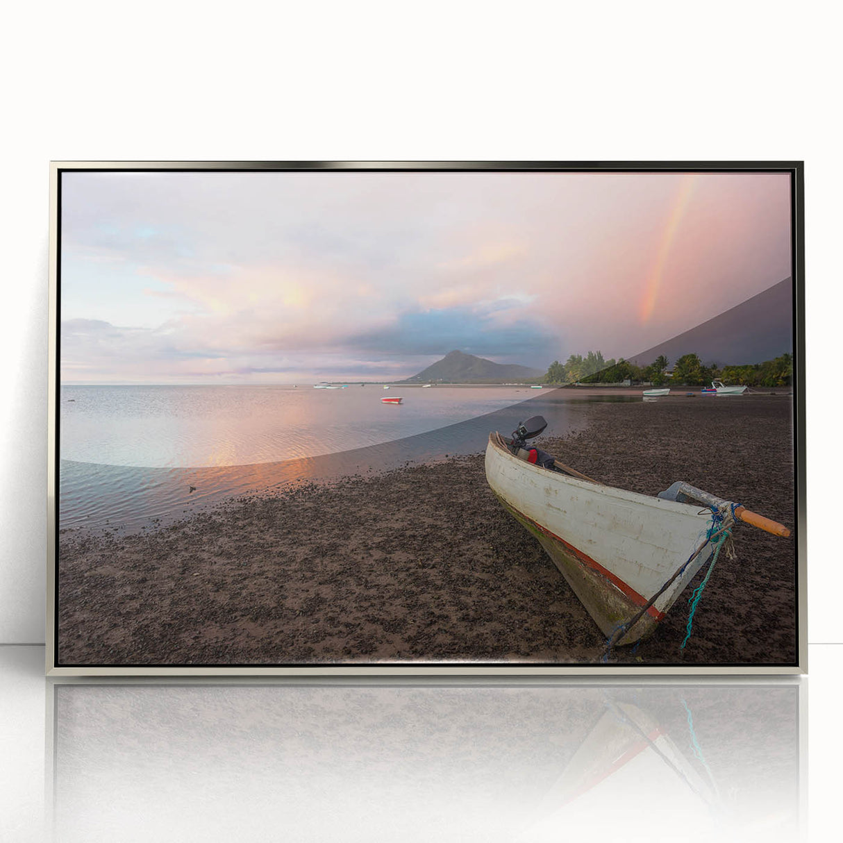 Large art print of a Caribbean landscape in Aruba on a silver-framed acrylic, featuring mid-century modernist style.