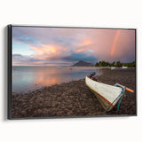 Black and white framed canvas of a vintage Caribbean landscape, ideal for bedroom wall decor.