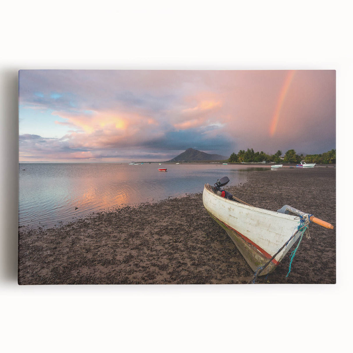 Black and white photograph of Caribbean Aruba scenery on stretched canvas, ideal for kitchen wall art.