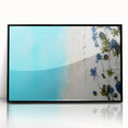 Large abstract wall art depicting Caribbean scenery in muted blue and green tones, framed in black acrylic.