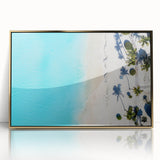 Framed acrylic print of a Caribbean beach scene in art deco style, using a palette of soft blues and sandy tones.