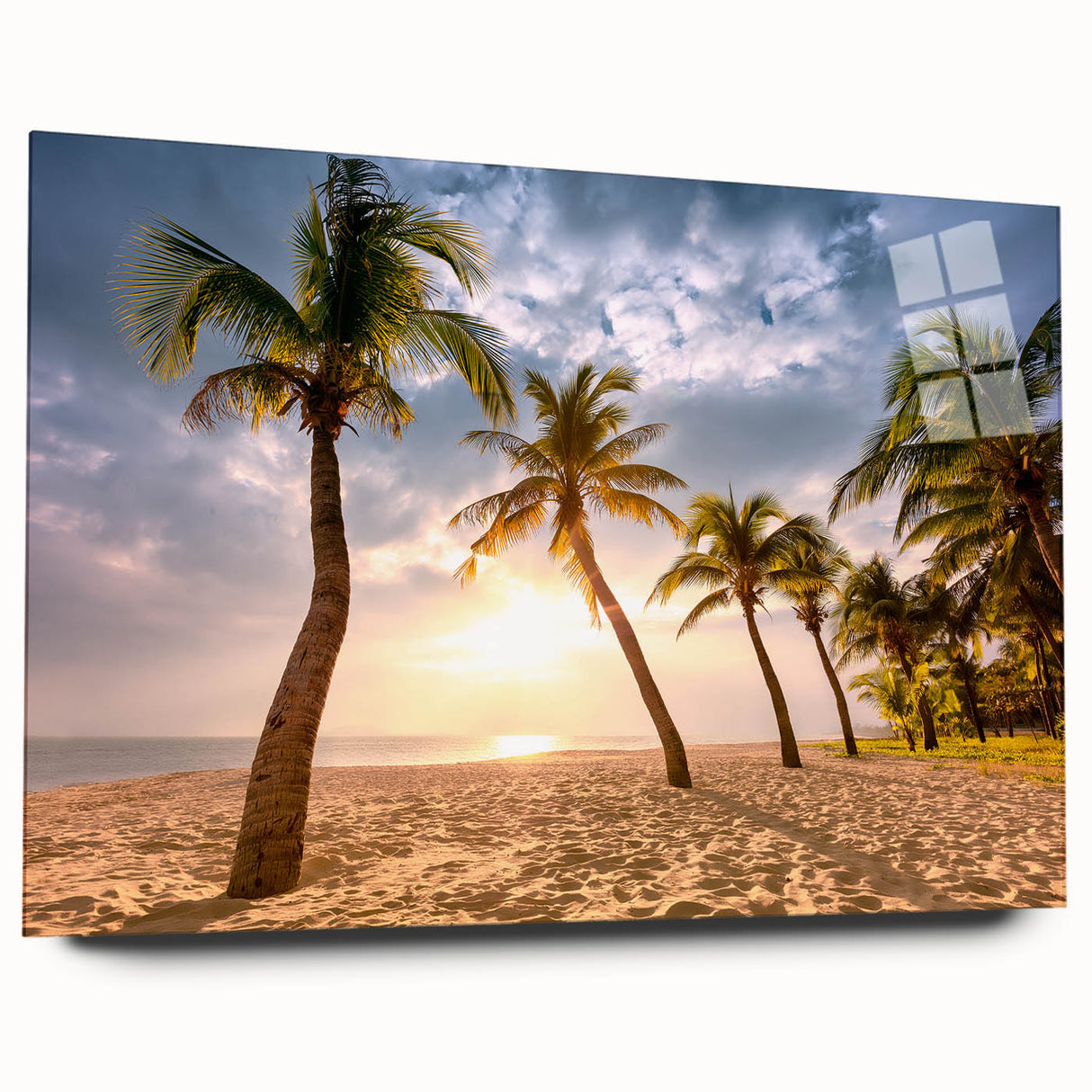 Large abstract wall art with vibrant Caribbean scenery on acrylic glass, ideal for bedroom or dining room decor.