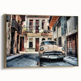 Vintage poster art of a Caribbean Cuban scenery on framed canvas, featuring vibrant colors, ideal for living room decor.
