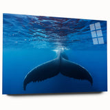 Large abstract wall art depicting a serene Caribbean scenery in muted blues and greens, printed on acrylic glass.