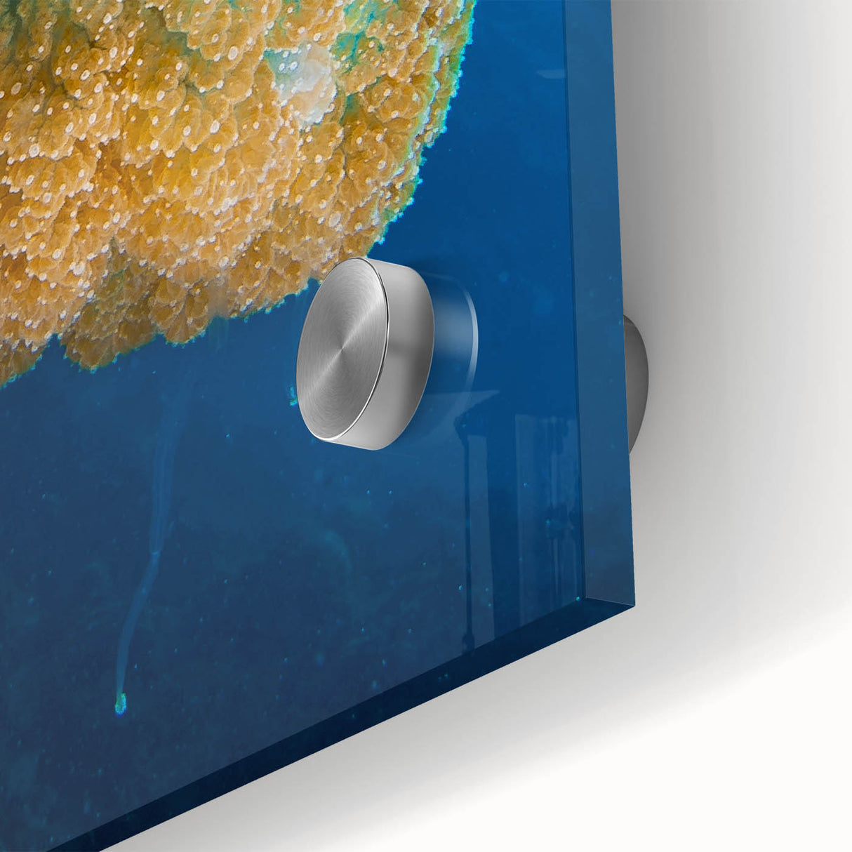 Large abstract wall art depicting a Caribbean scenery in vibrant blue and green hues on acrylic glass.