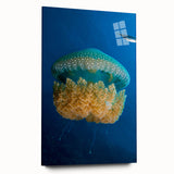 Large abstract wall art of a Caribbean scenery on acrylic glass, with vibrant blue and green tones.