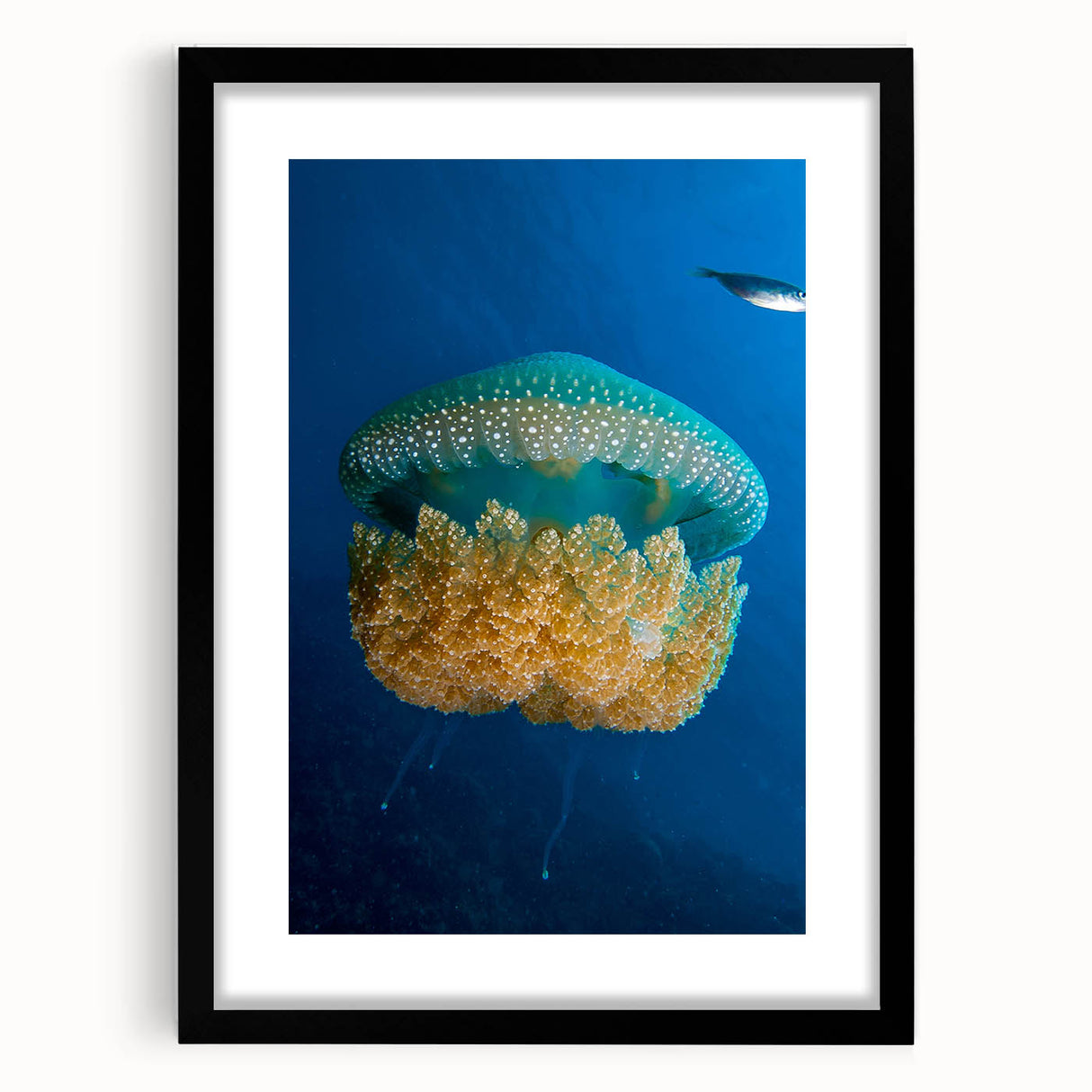 Extra large colorful art print of abstract Caribbean scenery on textured canvas, framed in black.