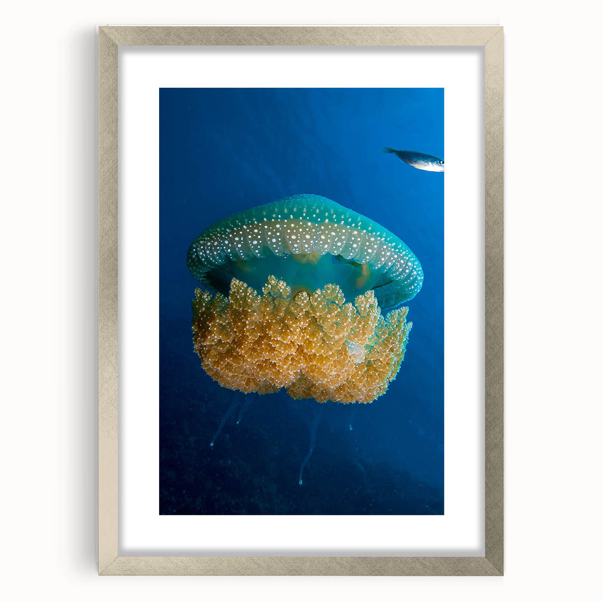 Extra large abstract art print depicting a textured Caribbean scenery in muted earth tones, framed in silver.