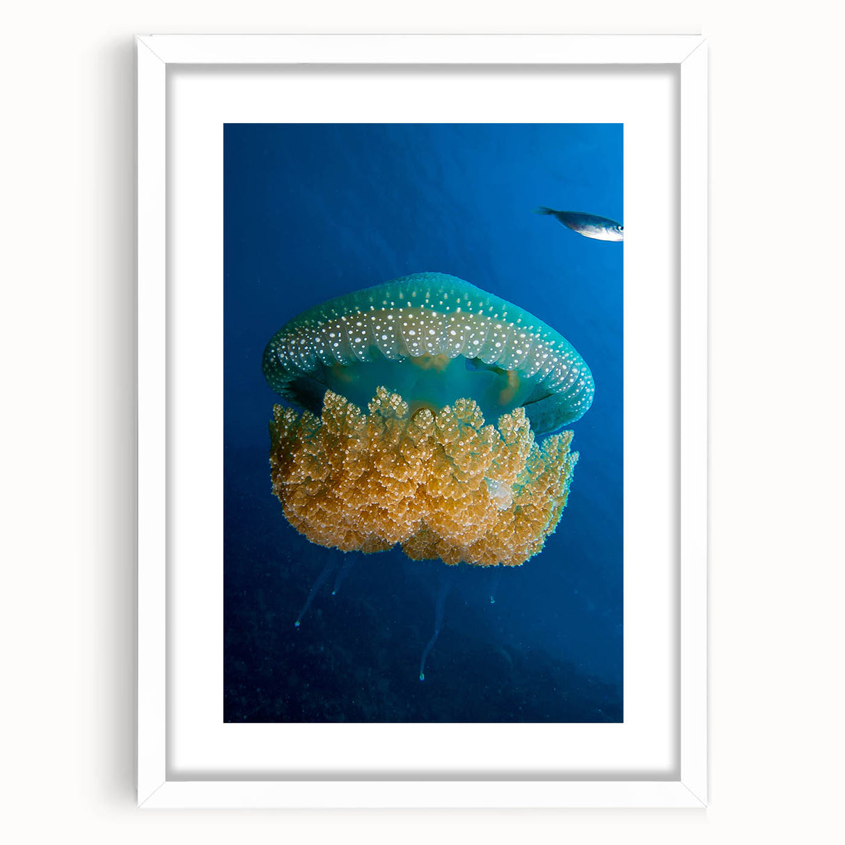 Textured abstract art print of a Caribbean scenery in muted earth tones, framed with a white mat.