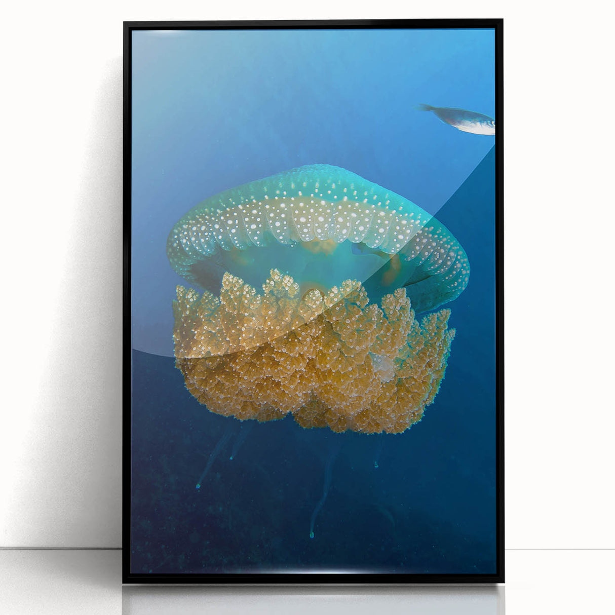 Large abstract wall art depicting a Caribbean scene in vibrant blues and greens, framed in black acrylic.