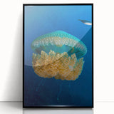 Large abstract wall art depicting a Caribbean scene in vibrant blues and greens, framed in black acrylic.