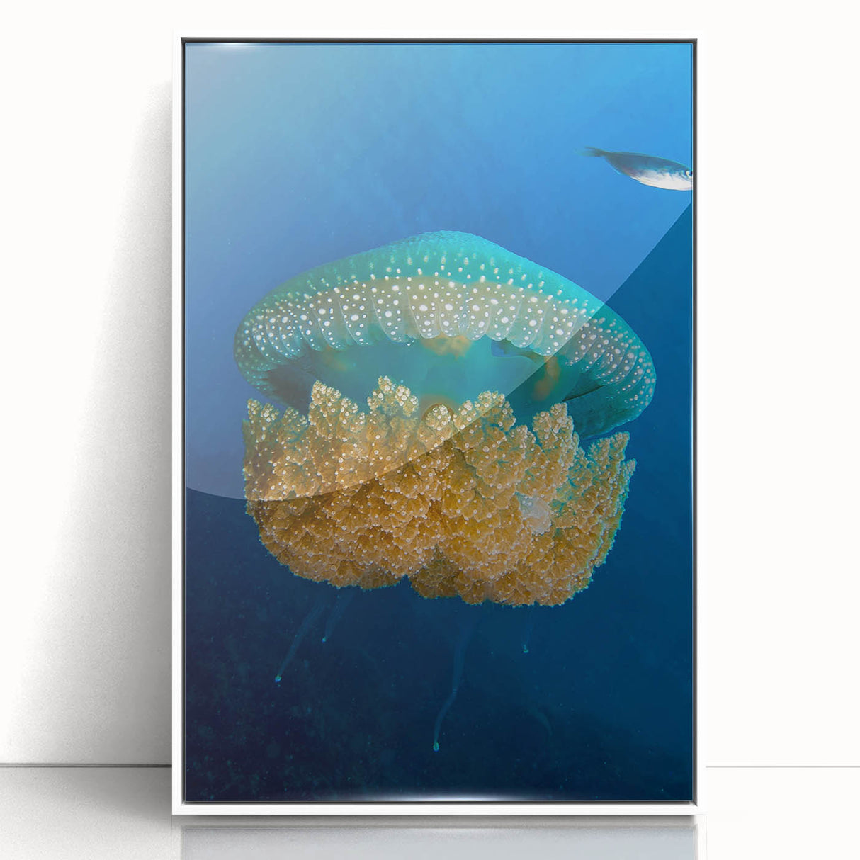 Mid-century modernist art depicting a Caribbean landscape in muted tropical hues on a white-framed acrylic print.