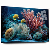 Acrylic print of a large abstract depiction of the Caribbean scenery in vibrant blue and green tones.
