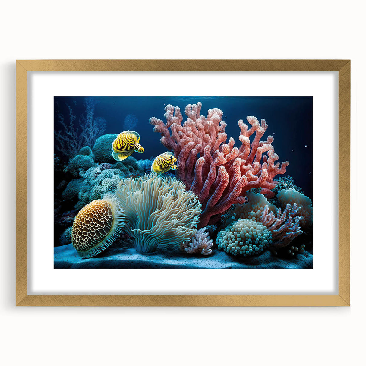 Textured abstract art print of Caribbean scenery in gold frame, ideal for bedroom decor.