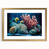 Textured abstract art print of Caribbean scenery in gold frame, ideal for bedroom decor.