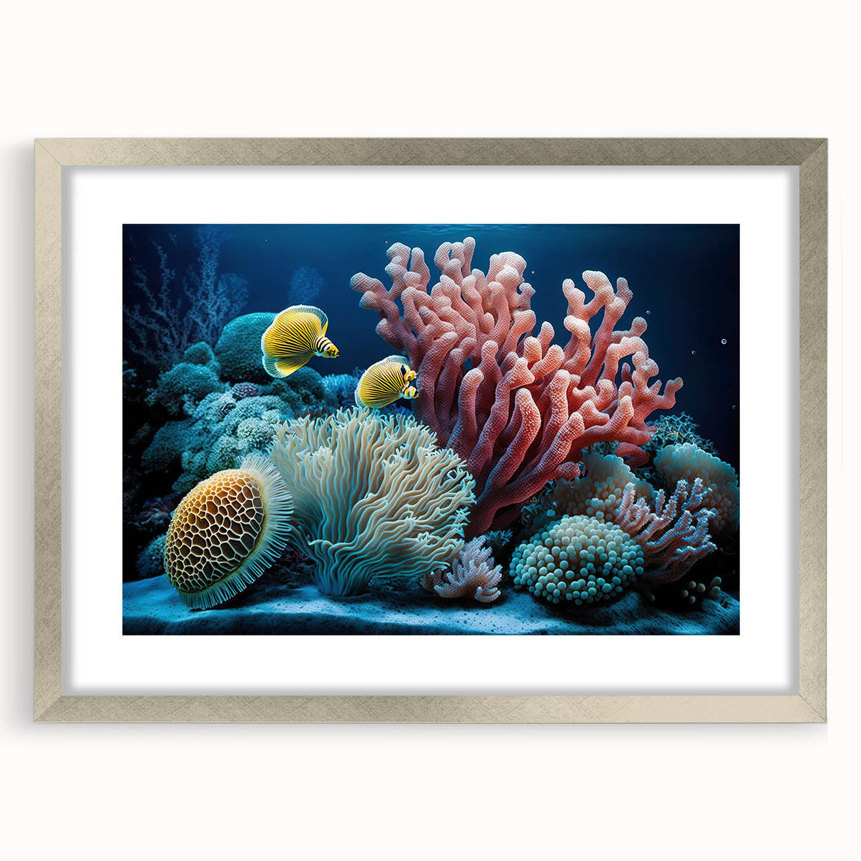 Abstract art print of Caribbean scenery in muted blue and green tones, framed in silver, ideal for dining room decor.