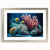 Abstract art print of Caribbean scenery in muted blue and green tones, framed in silver, ideal for dining room decor.