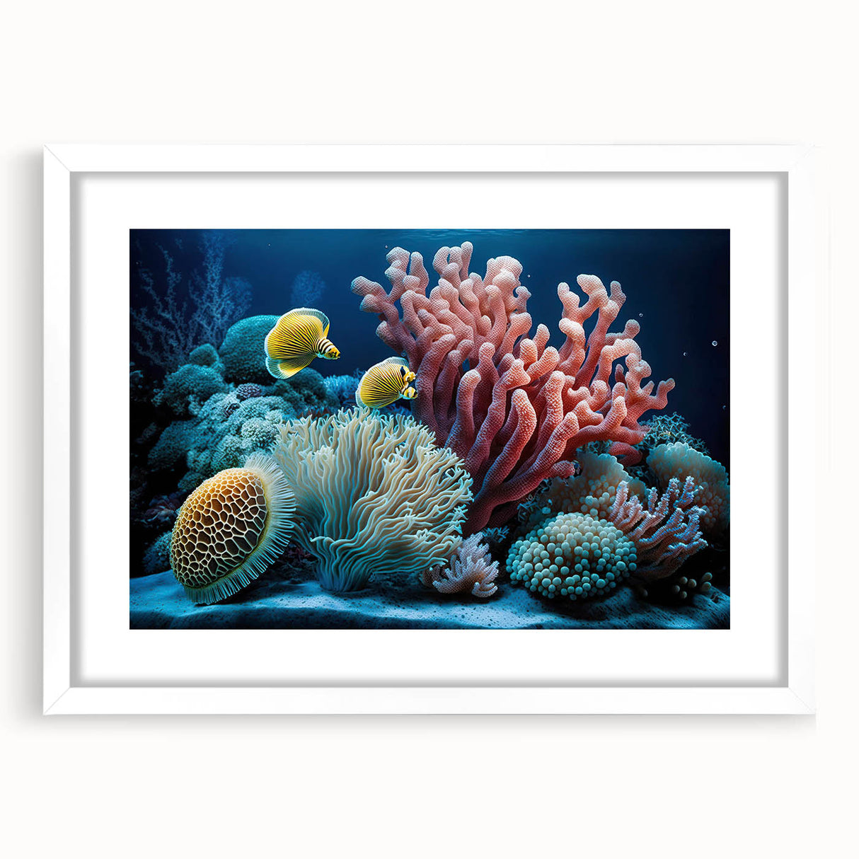 Abstract art print of Caribbean scenery in textured style, framed with white mat, ideal for living room decor.
