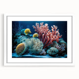Abstract art print of Caribbean scenery in textured style, framed with white mat, ideal for living room decor.