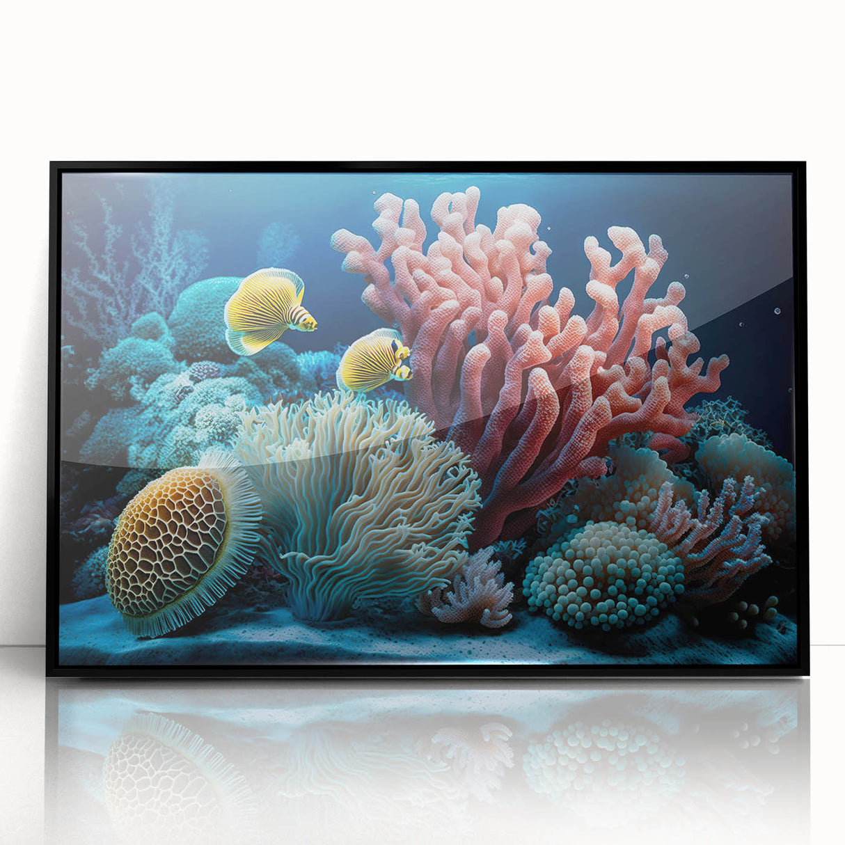 Large abstract wall art depicting a Caribbean seascape in vibrant blues and greens on a framed acrylic.