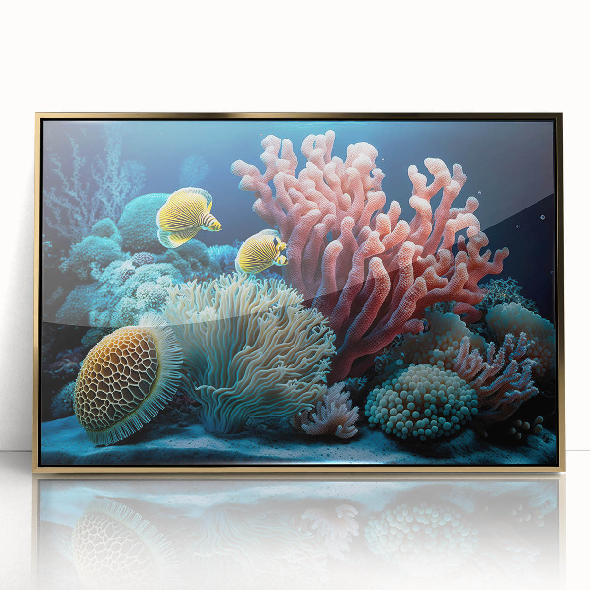 Mid-century modernist art depicting a Caribbean seascape in vibrant blue and green tones on a gold-framed acrylic print.