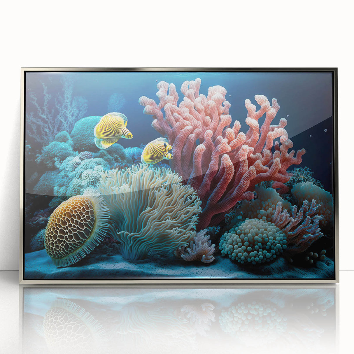 Art deco poster of a Caribbean scenery, in muted blues and greens on a framed acrylic, ideal for modern art wall decor.
