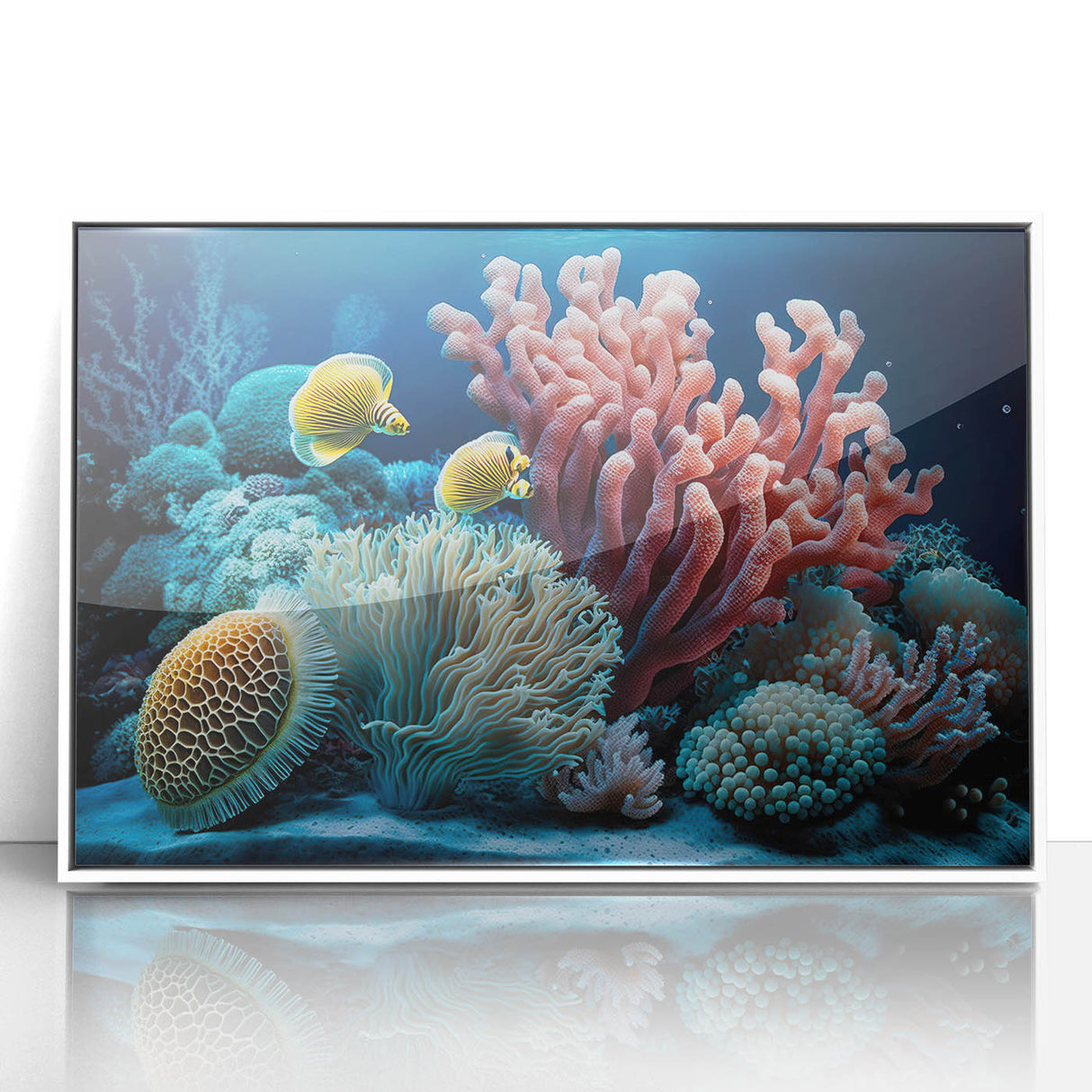Mid-century modernist art depicting a Caribbean scenery on a framed acrylic, with vibrant blue and green tones.
