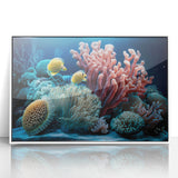 Mid-century modernist art depicting a Caribbean scenery on a framed acrylic, with vibrant blue and green tones.