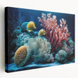 Large art print of a Caribbean scenery on stretched canvas, featuring vibrant ocean blues and lush greens.